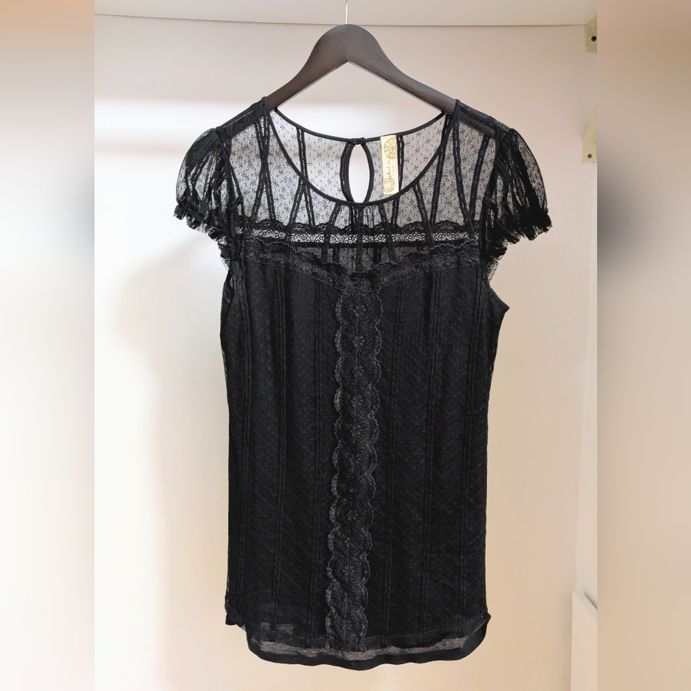 Free People Black Lace Sheer Cap Sleeve Top, size large